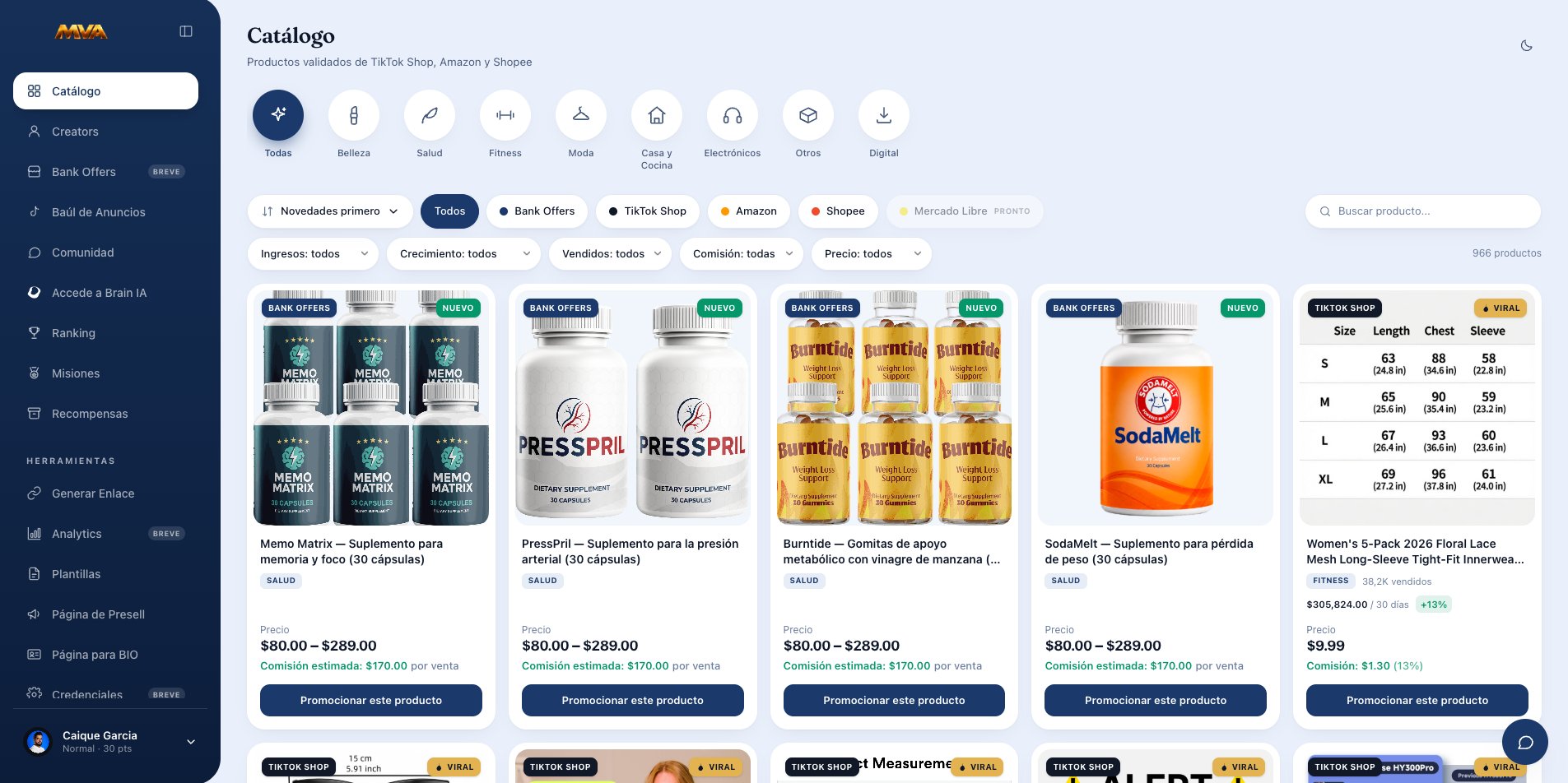 Catálogo del MVA con la pestaña Bank Offers: Memo Matrix, PressPril, Burntide y SodaMelt — comisión estimada US$ 170 por venta